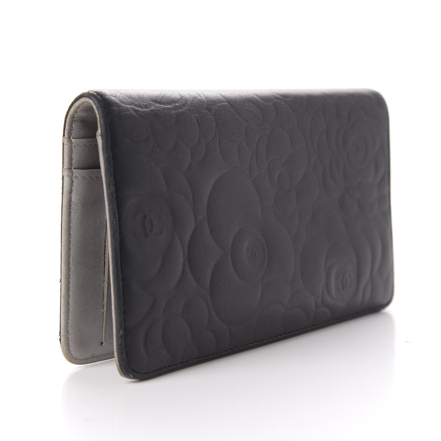 Lambskin Camellia Embossed Yen Wallet Black