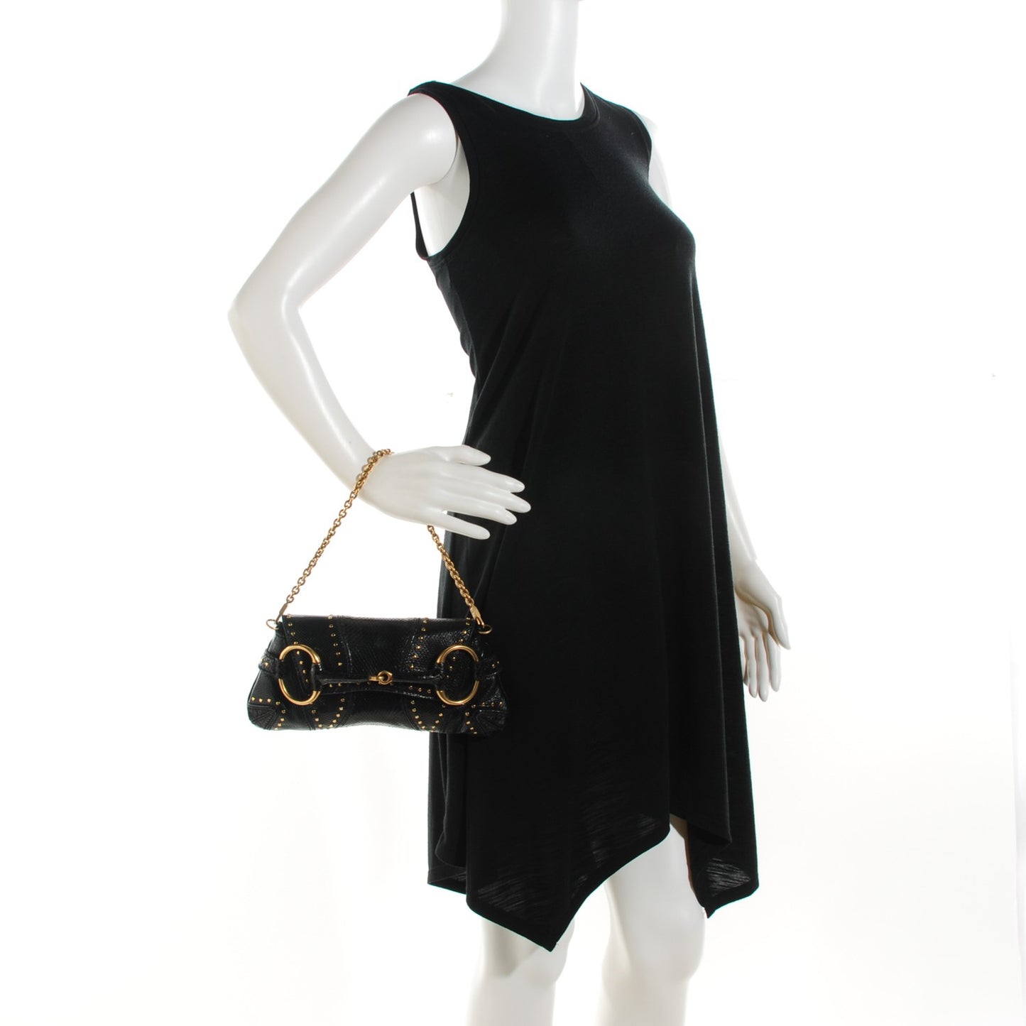 Python Studded Horsebit Chain Clutch Black