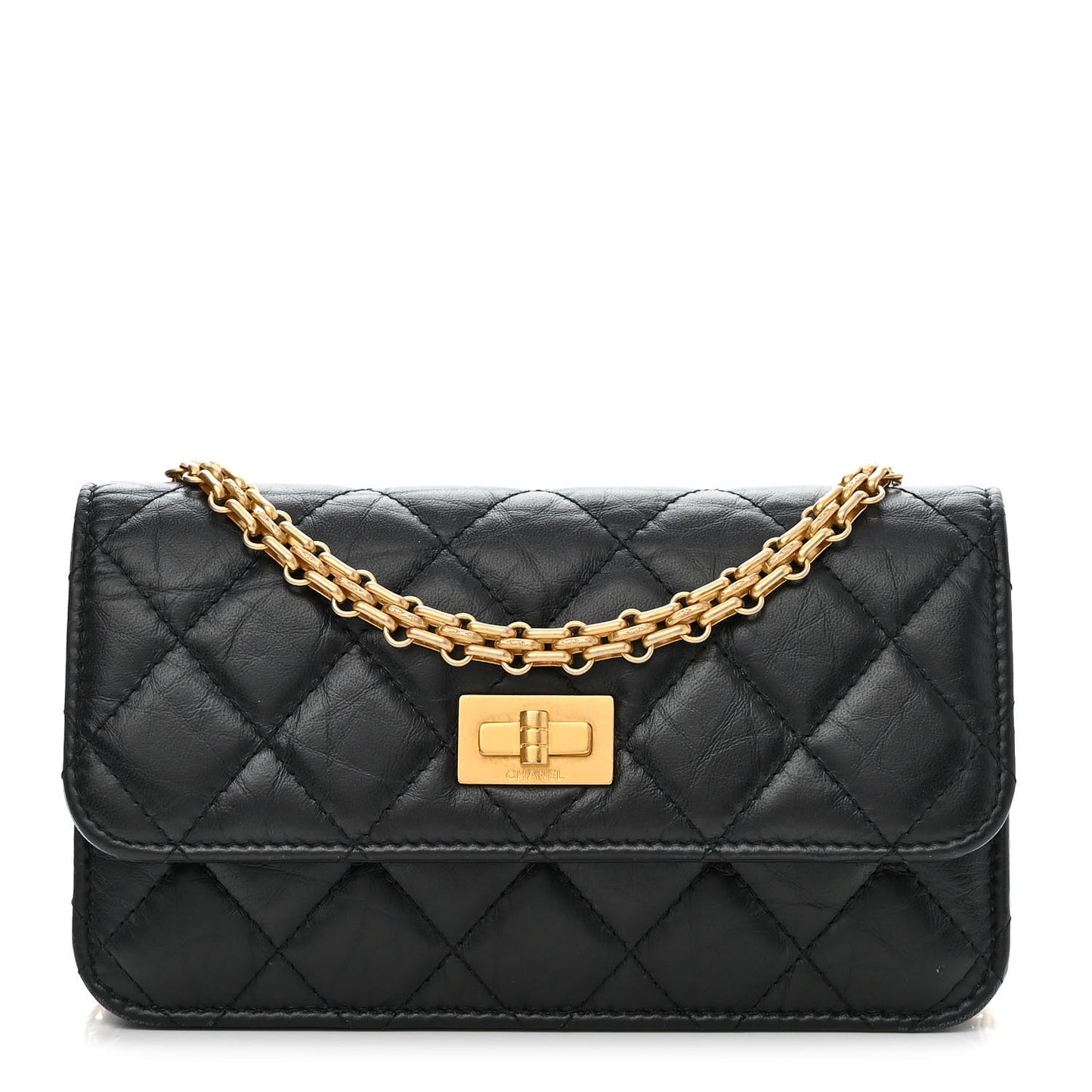 Aged Calfskin Quilted Reissue Flap Phone Holder With Chain Black