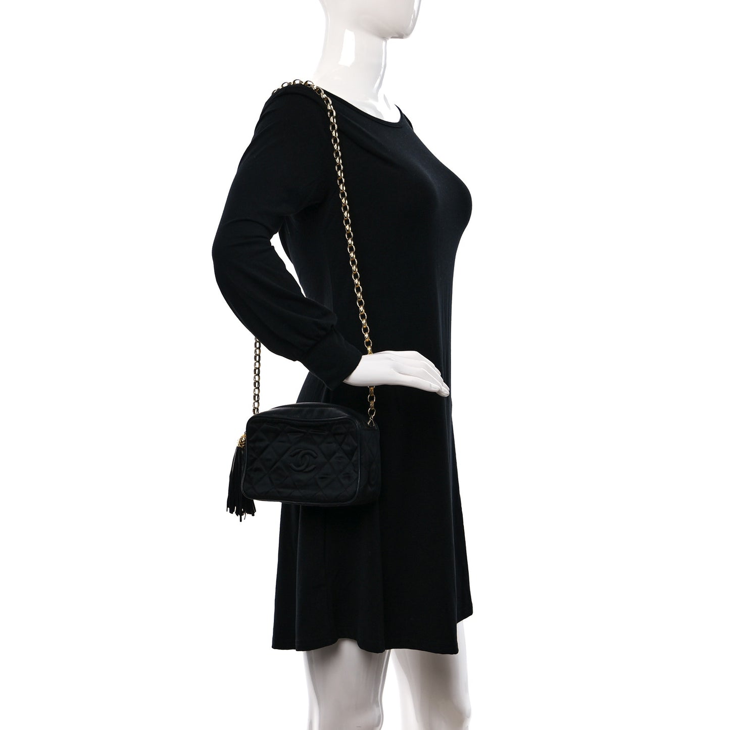 Satin Quilted Tassel Camera Case Black