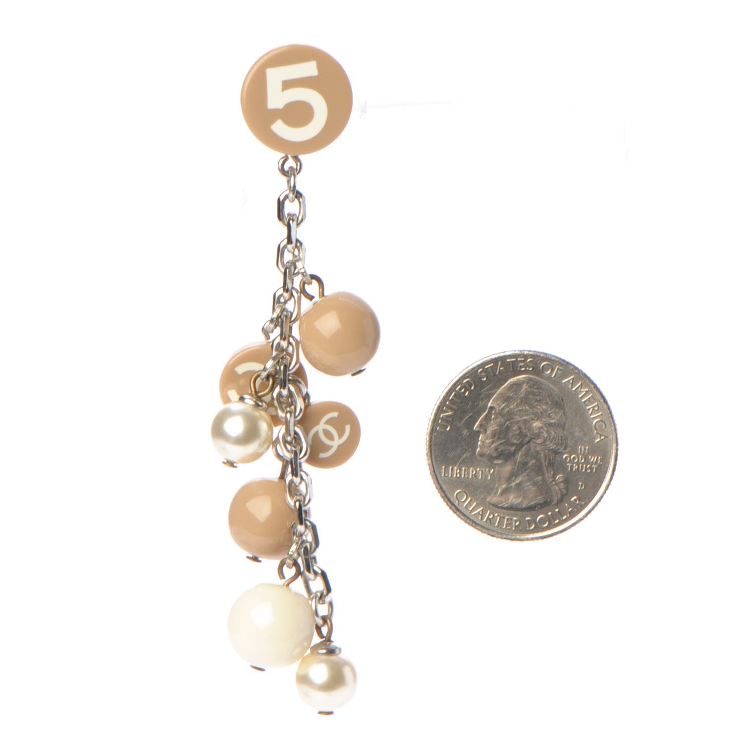 Chanel Resin Pearl CC N°5 Drop Earrings Beige Silver 2 of 6