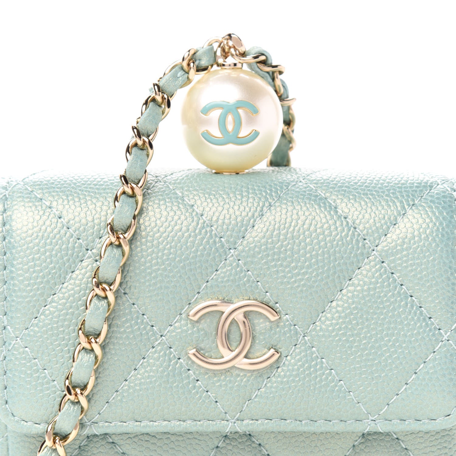 Chanel Iridescent Caviar Quilted Pearl On Top Coin Purse With Chain Light Green 11 of 12