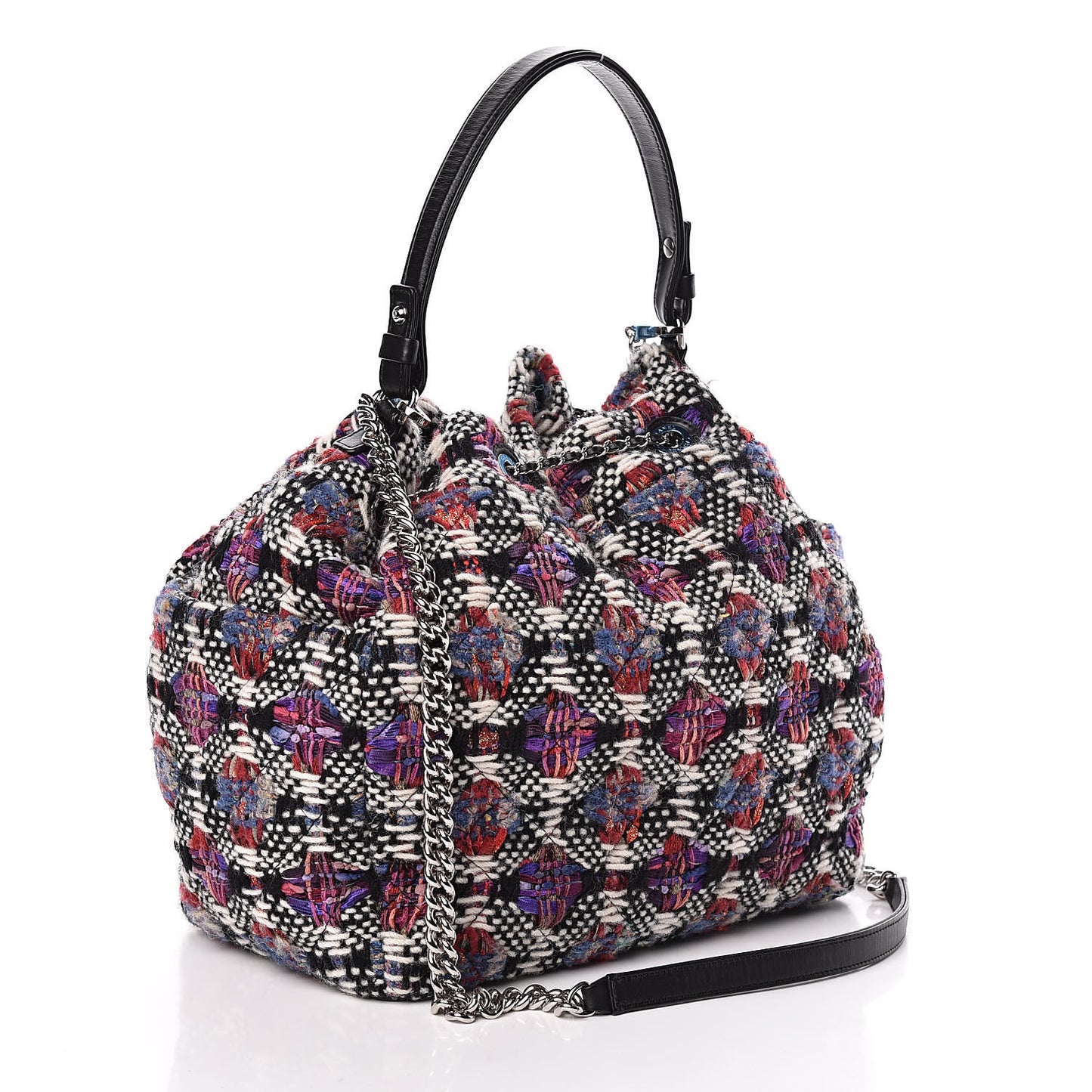 Tweed Calfskin Medium CC Chain Drawstring Tote Black Multicolor