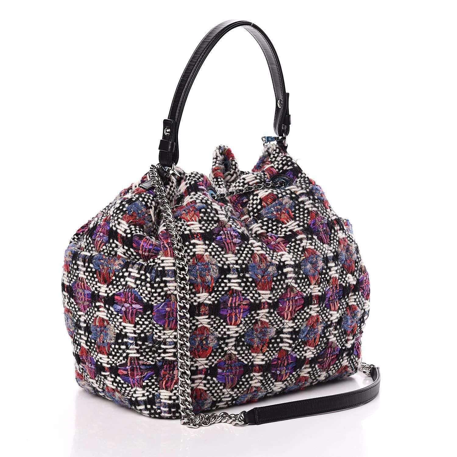 Chanel Tweed Calfskin Medium CC Chain Drawstring Tote Black Multicolor 4 of 11