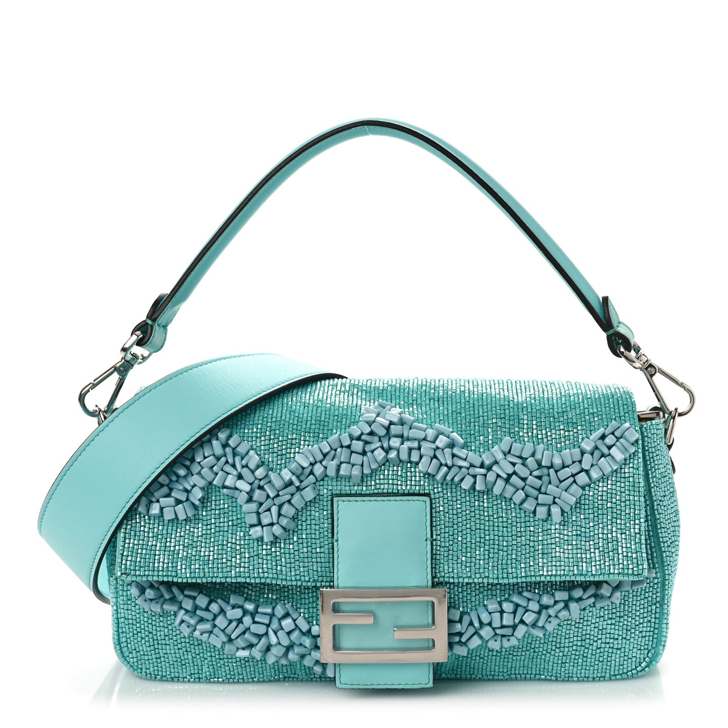 Rolling Stone Vitello Seta Bead Embroidered Re-Edition Baguette Spring Turquoise
