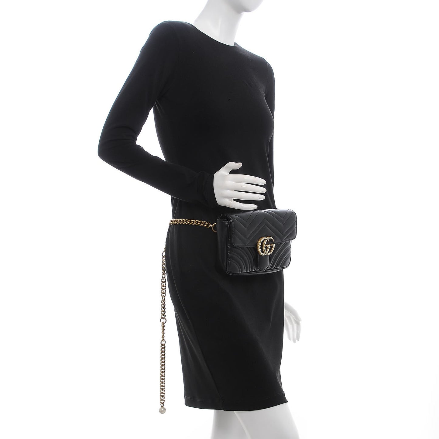 Calfskin Matelasse Pearly GG Marmont Chain Belt Bag Black