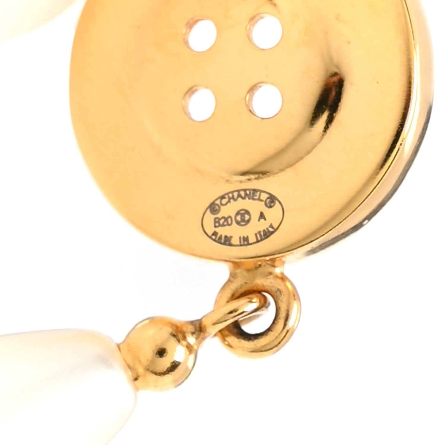 Chanel Metal Pearl Paris Button Drop Earrings Gold 4 of 5