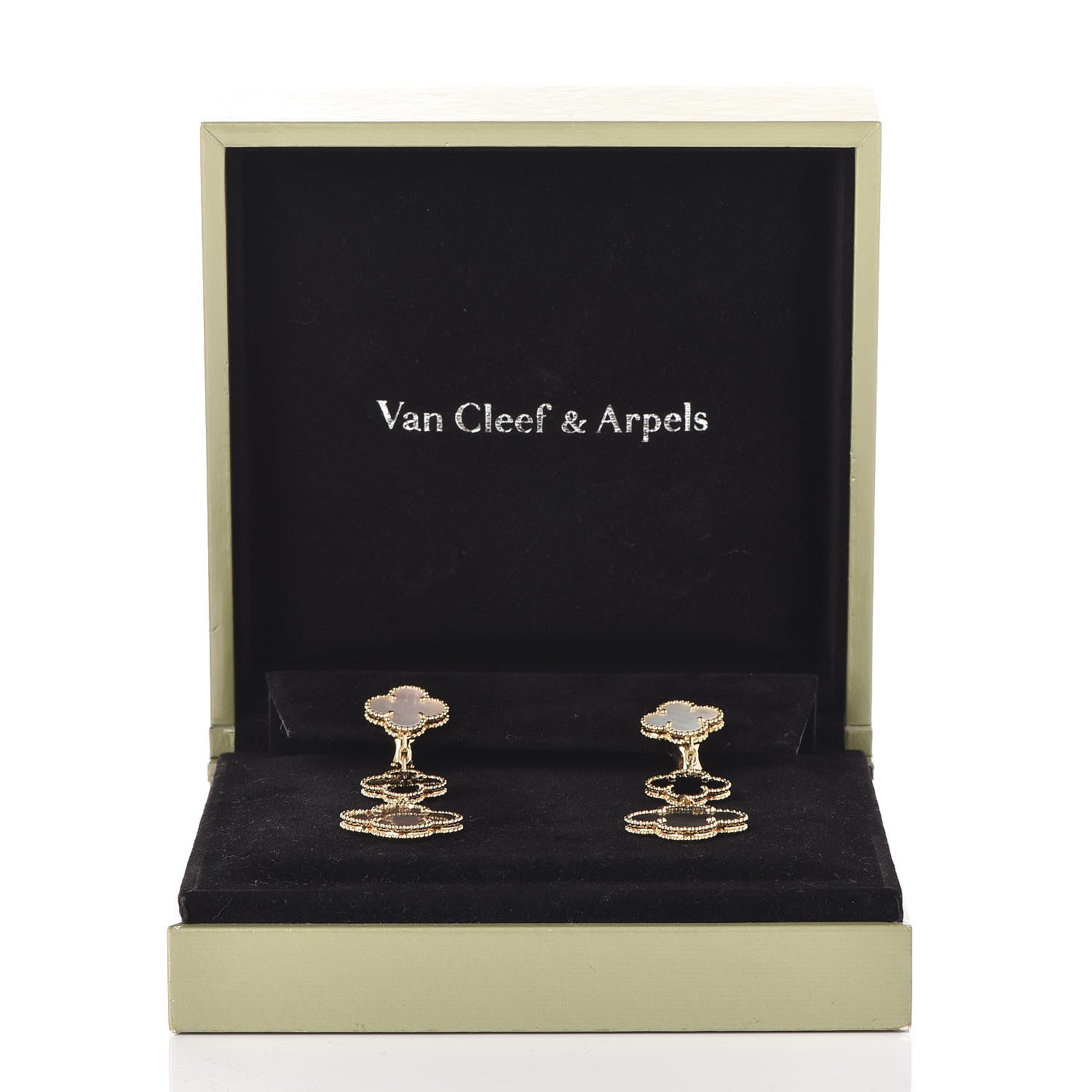 Van Cleef & Arpels 18K Yellow Gold Mother of Pearl Black Onyx 3 Motifs Magic Alhambra Earrings 5 of 5
