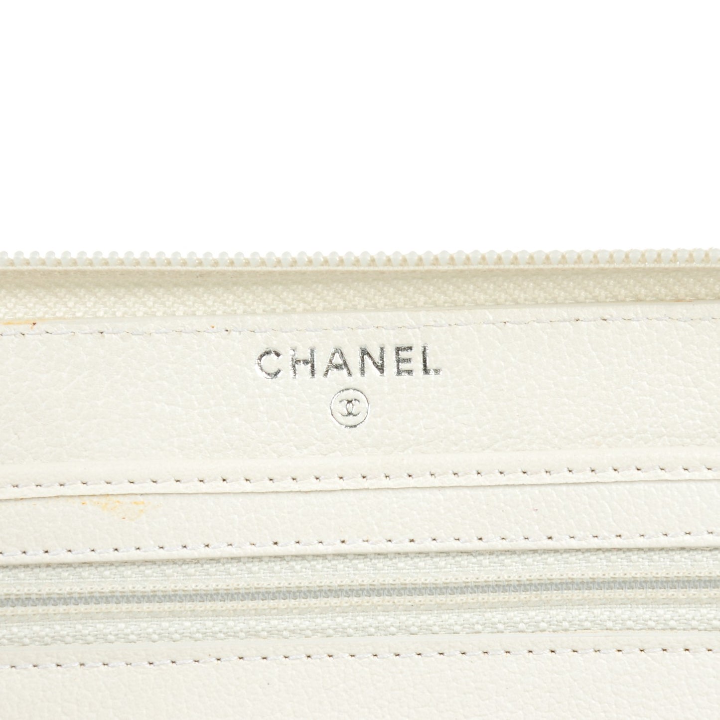 Goatskin Camellia Embossed Zip Around Wallet White