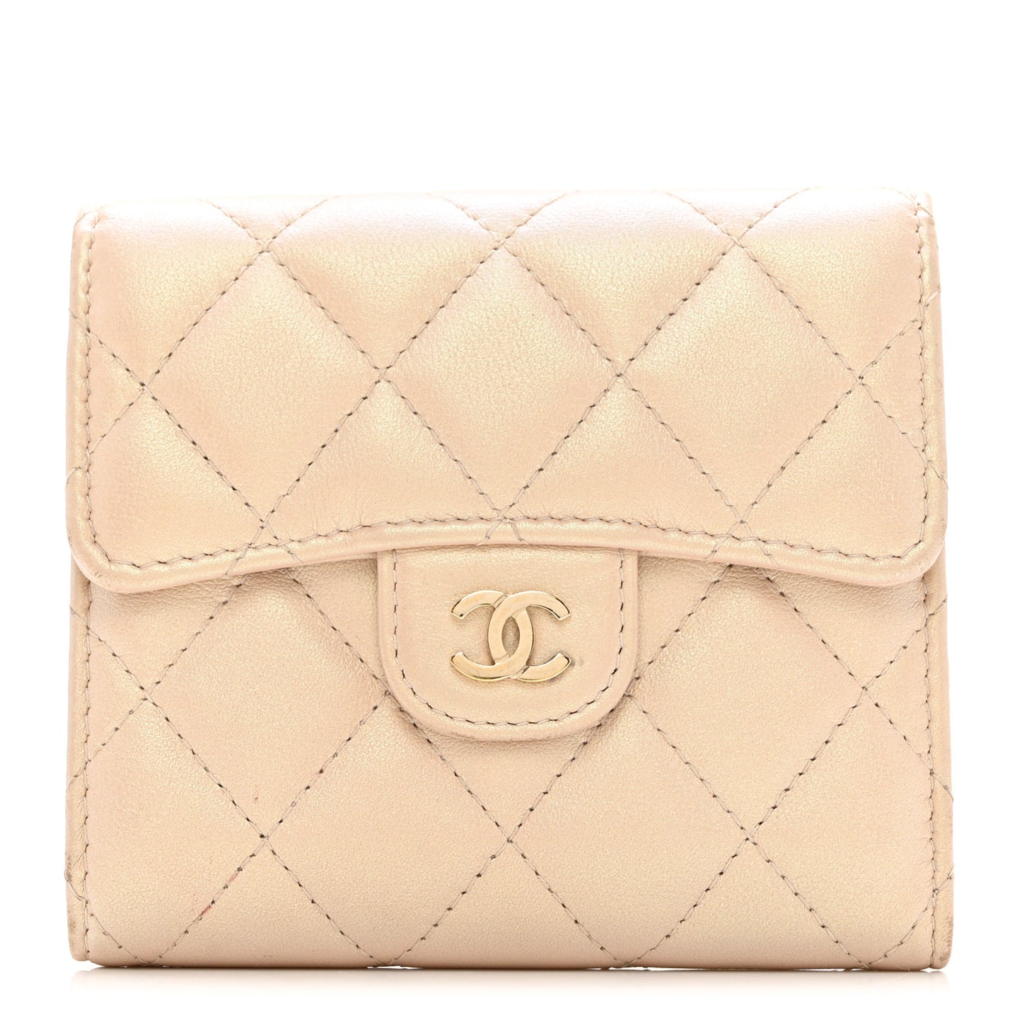 Iridescent Calfskin Quilted Compact Flap Wallet Beige