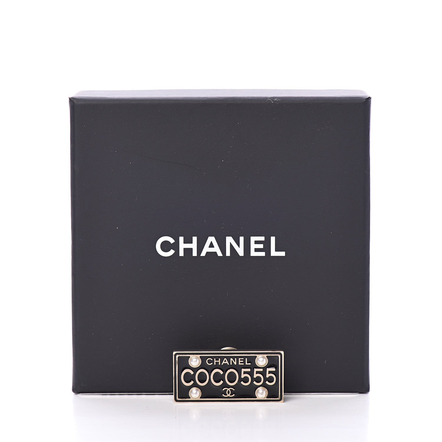 Chanel Metal Resin Pearl Coco License Plate Brooch Black Gold 4 of 4