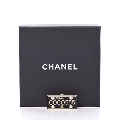 Chanel Metal Resin Pearl Coco License Plate Brooch Black Gold 4 of 4