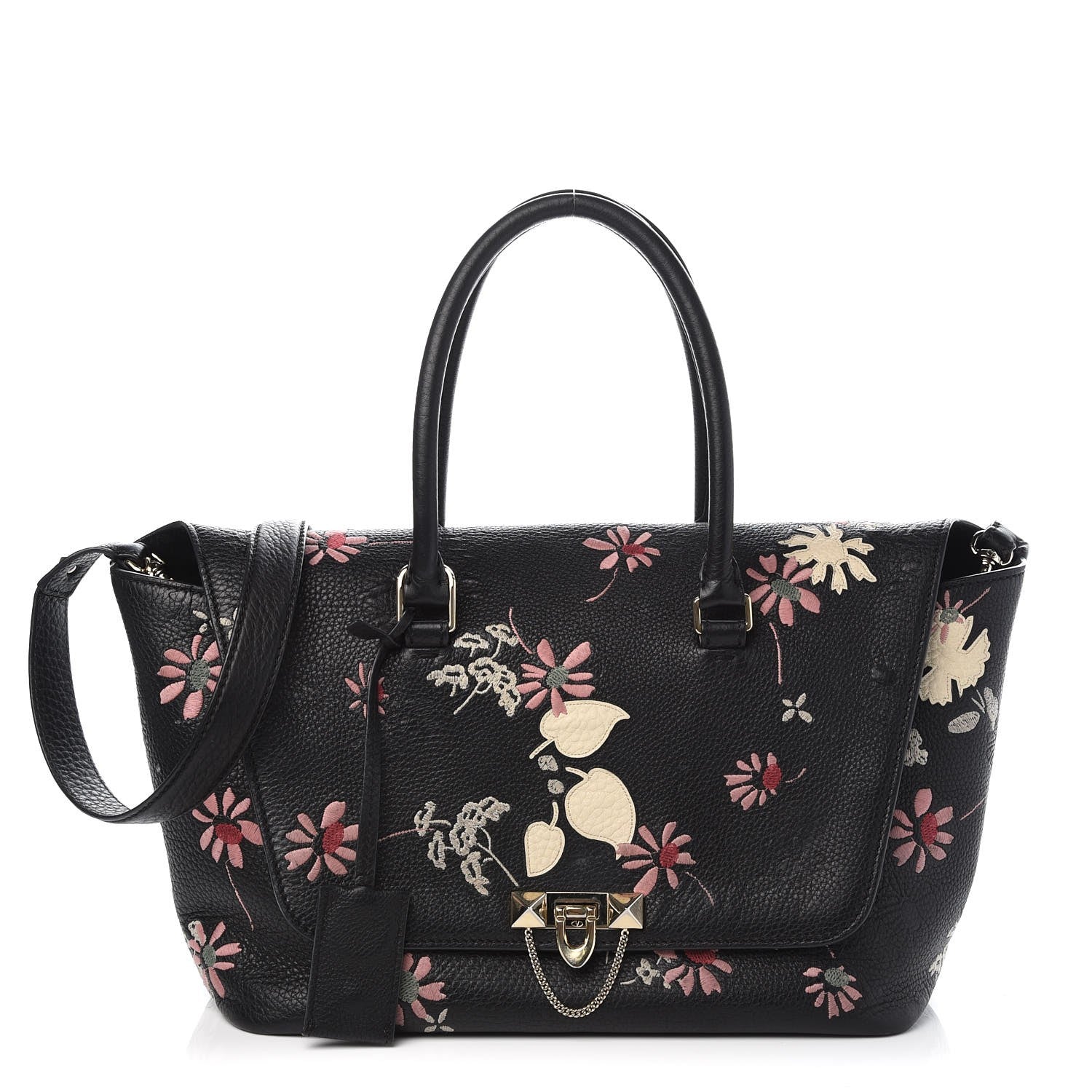 Valentino Garavani Alce Printed Calfskin Flower Embroidered Small Demilune Double Handle Satchel Black 1 of 6