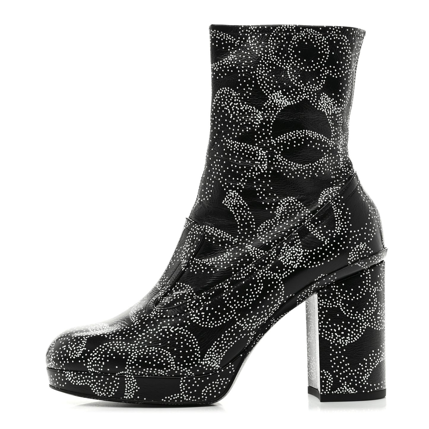 Calfskin Camellia Printed Ankle Boots 38 Black White