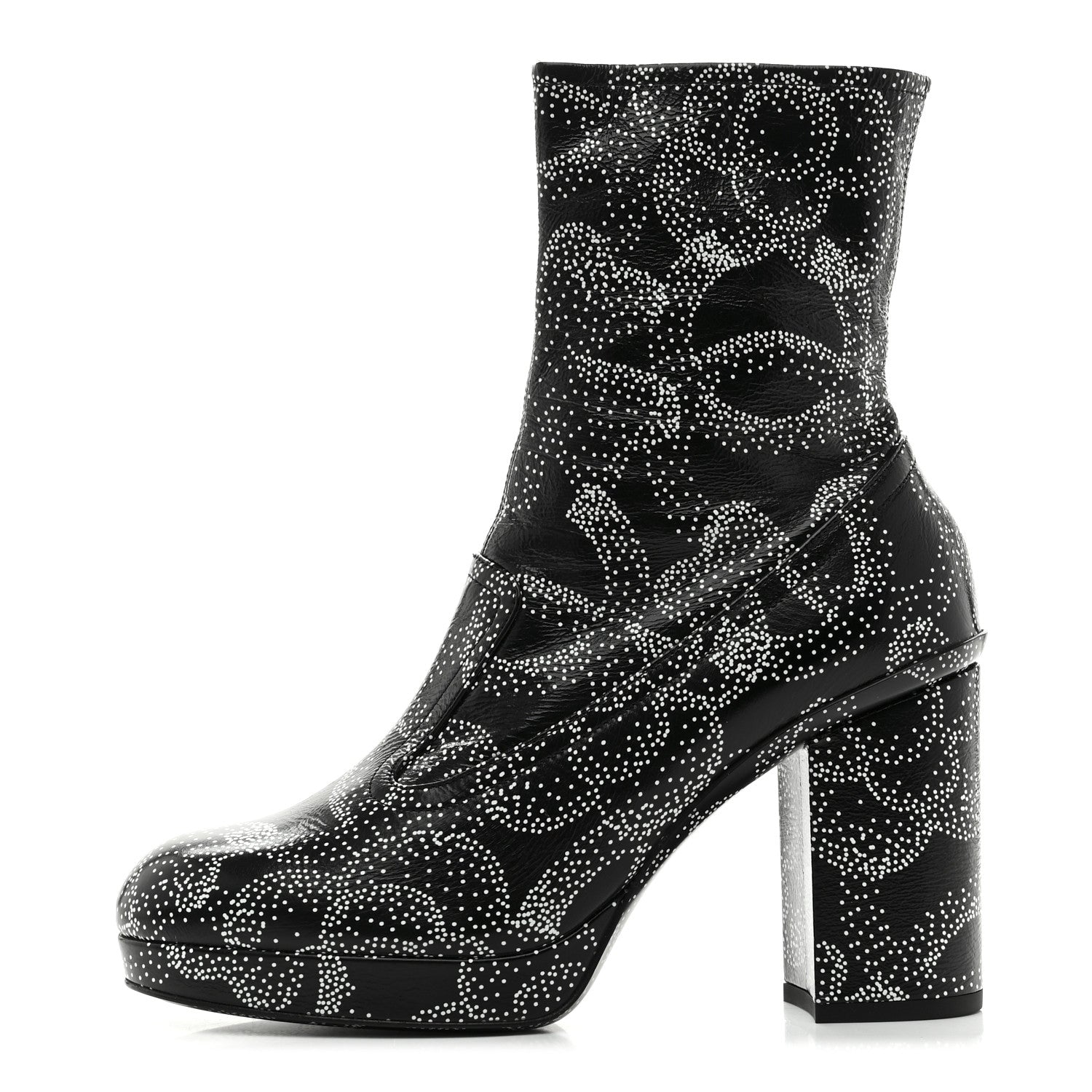 Chanel Calfskin Camellia Printed Ankle Boots 38 Black White 1 of 9