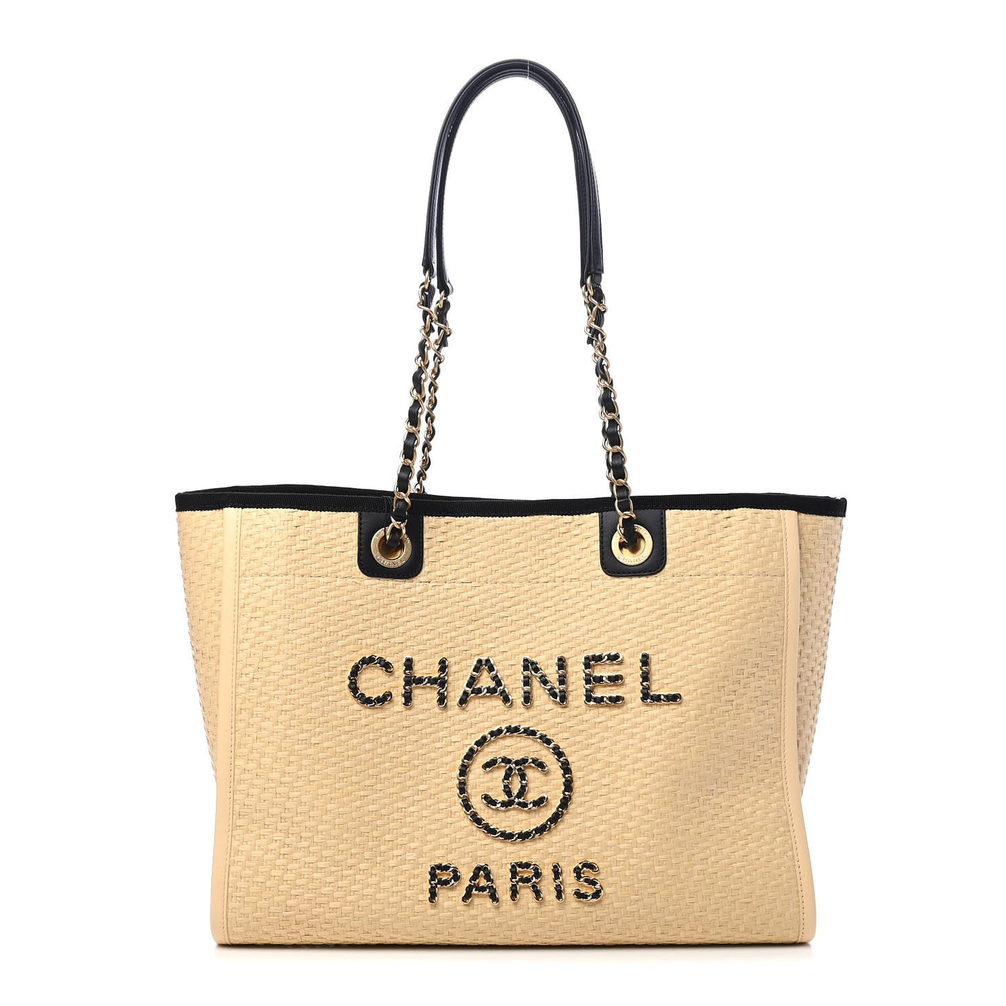 Straw Raffia Calfskin Chain Small Deauville Tote Beige Black