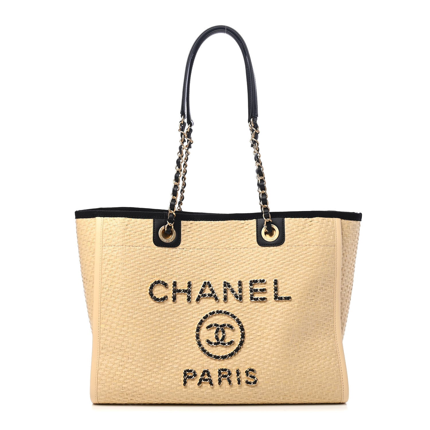 Chanel Straw Raffia Calfskin Chain Small Deauville Tote Beige Black 1 of 9