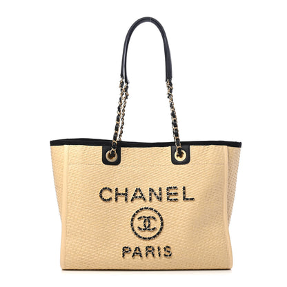 Chanel Straw Raffia Calfskin Chain Small Deauville Tote Beige Black 1 of 9