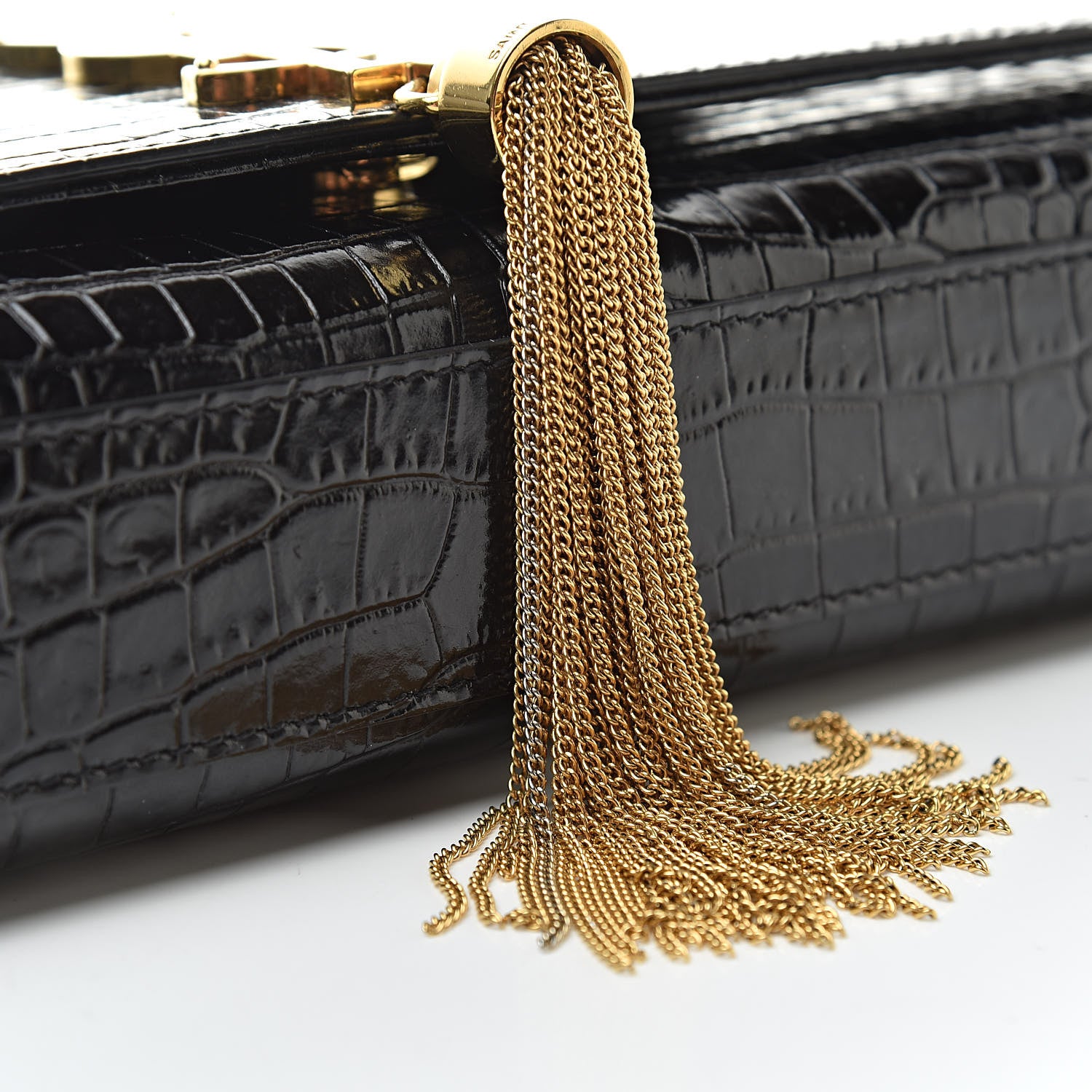 Saint Laurent Calfskin Crocodile Embossed Medium Classic Monogram Kate Tassel Satchel Black 11 of 12