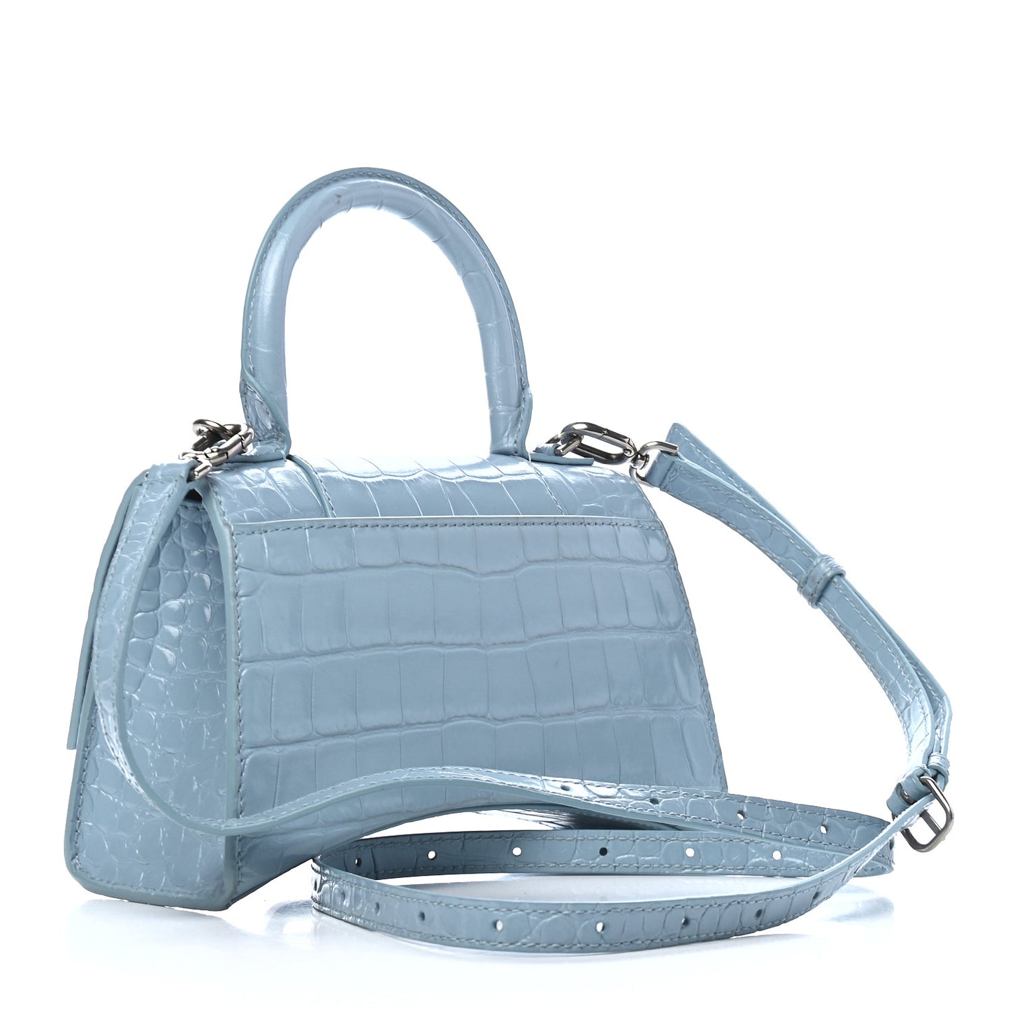 Shiny Calfskin Crocodile Embossed Hourglass Top Handle Bag XS Blue Grey
