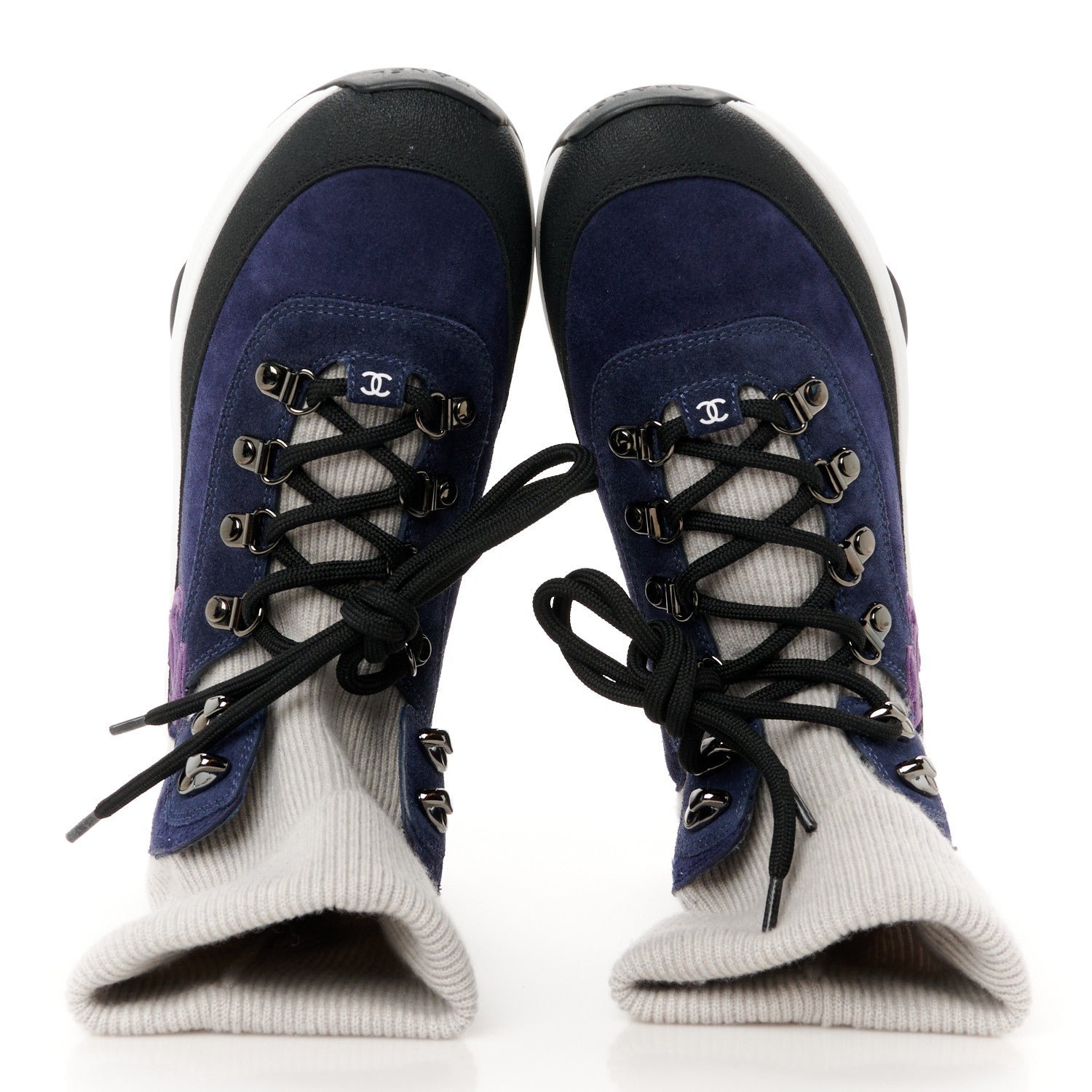 Chanel Suede Calfskin Knit CC Sneakers 38 Dark Blue Light Grey 2 of 10