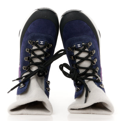 Chanel Suede Calfskin Knit CC Sneakers 38 Dark Blue Light Grey 2 of 10
