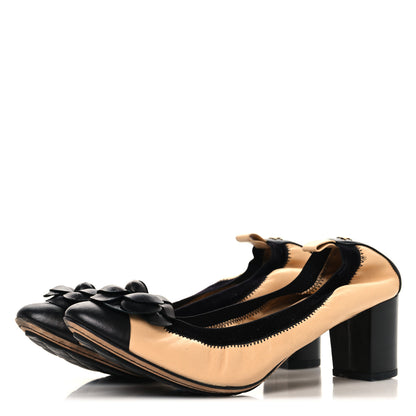Chanel Lambskin Camellia CC Elastic Stretch Pumps 40 Beige Black 4 of 9