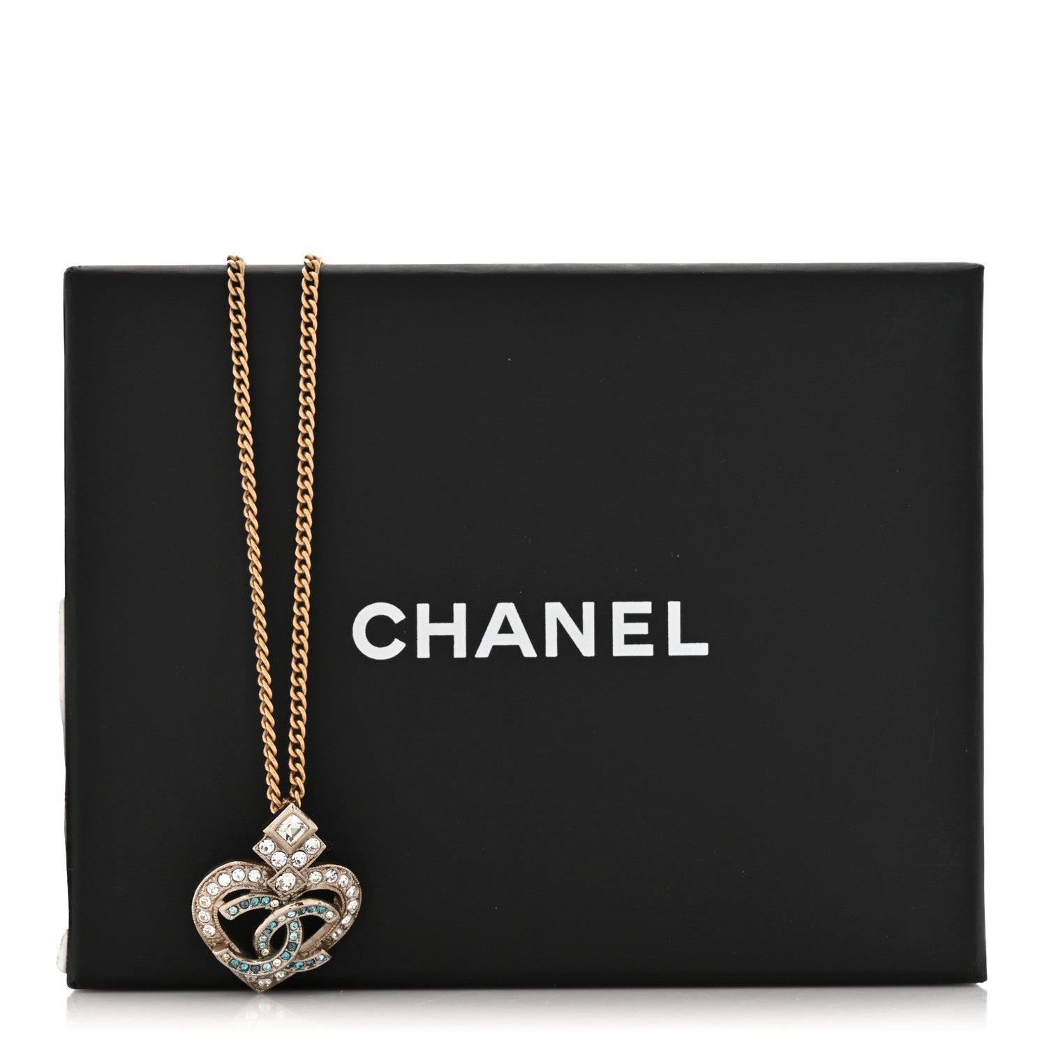Chanel Crystal Heart CC Pendant Necklace Gold Silver Blue 5 of 5
