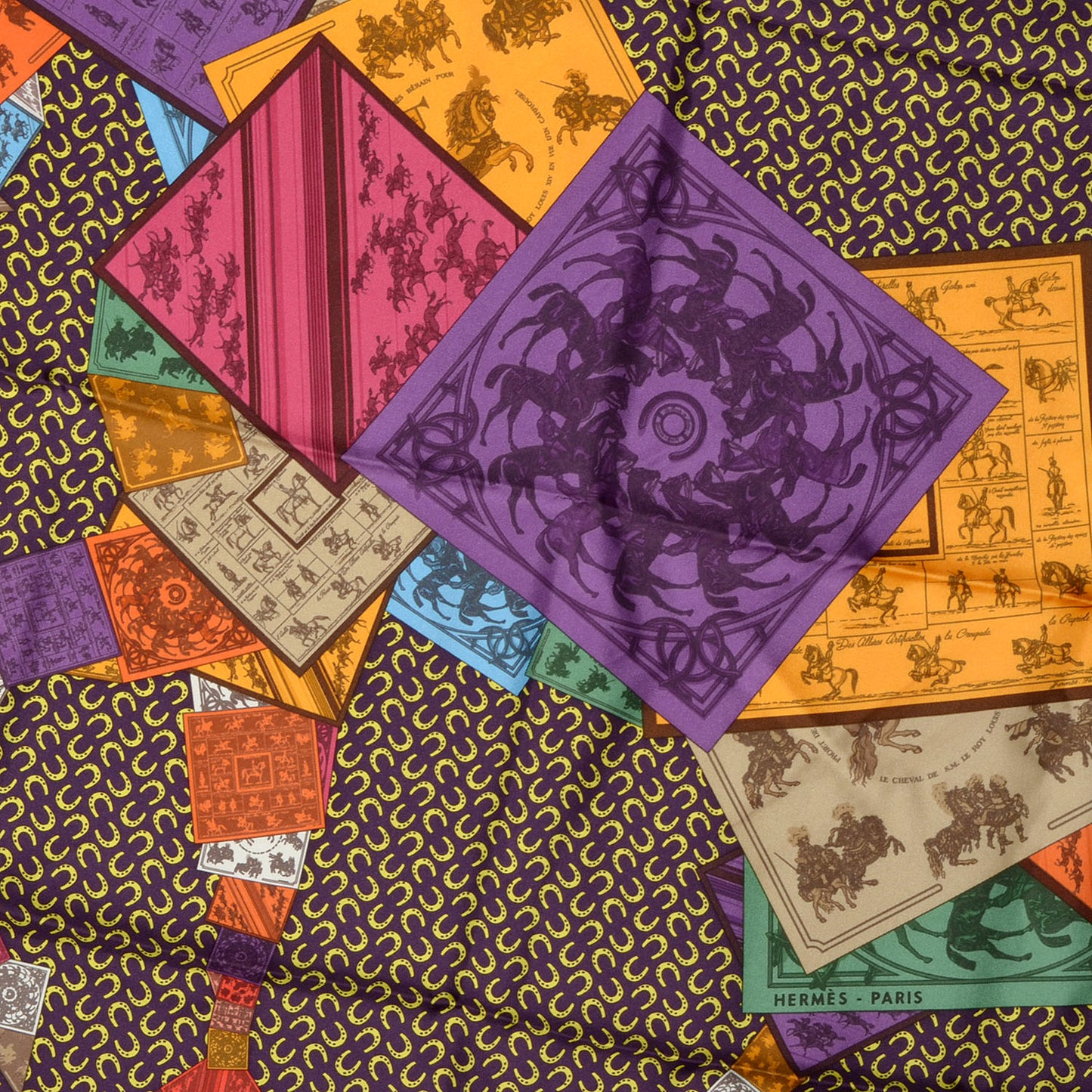 Silk A Cheval Sur Mon Carre Scarf 90 Aubergine Framboise Jaune