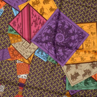 Hermes Silk A Cheval Sur Mon Carre Scarf 90 Aubergine Framboise Jaune 1 of 5