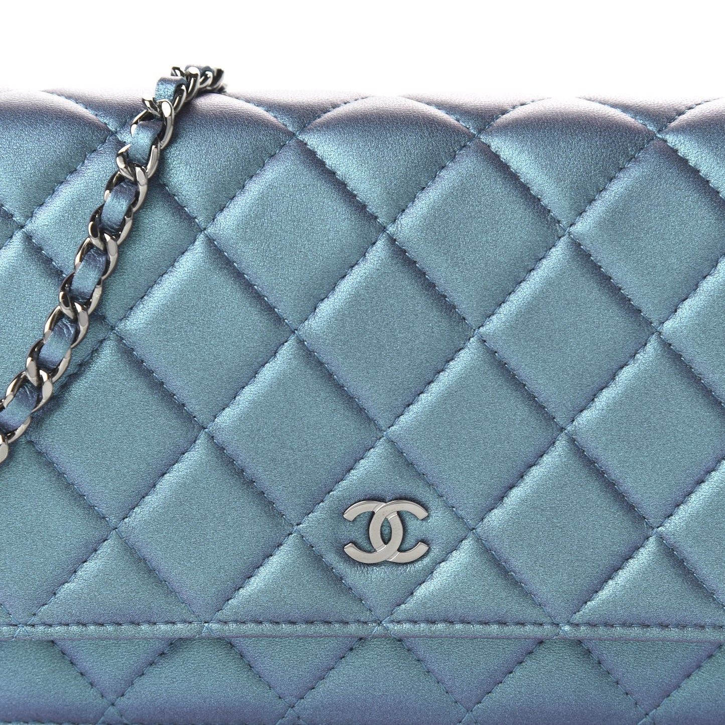 Metallic Lambskin Wallet On Chain WOC Turquoise