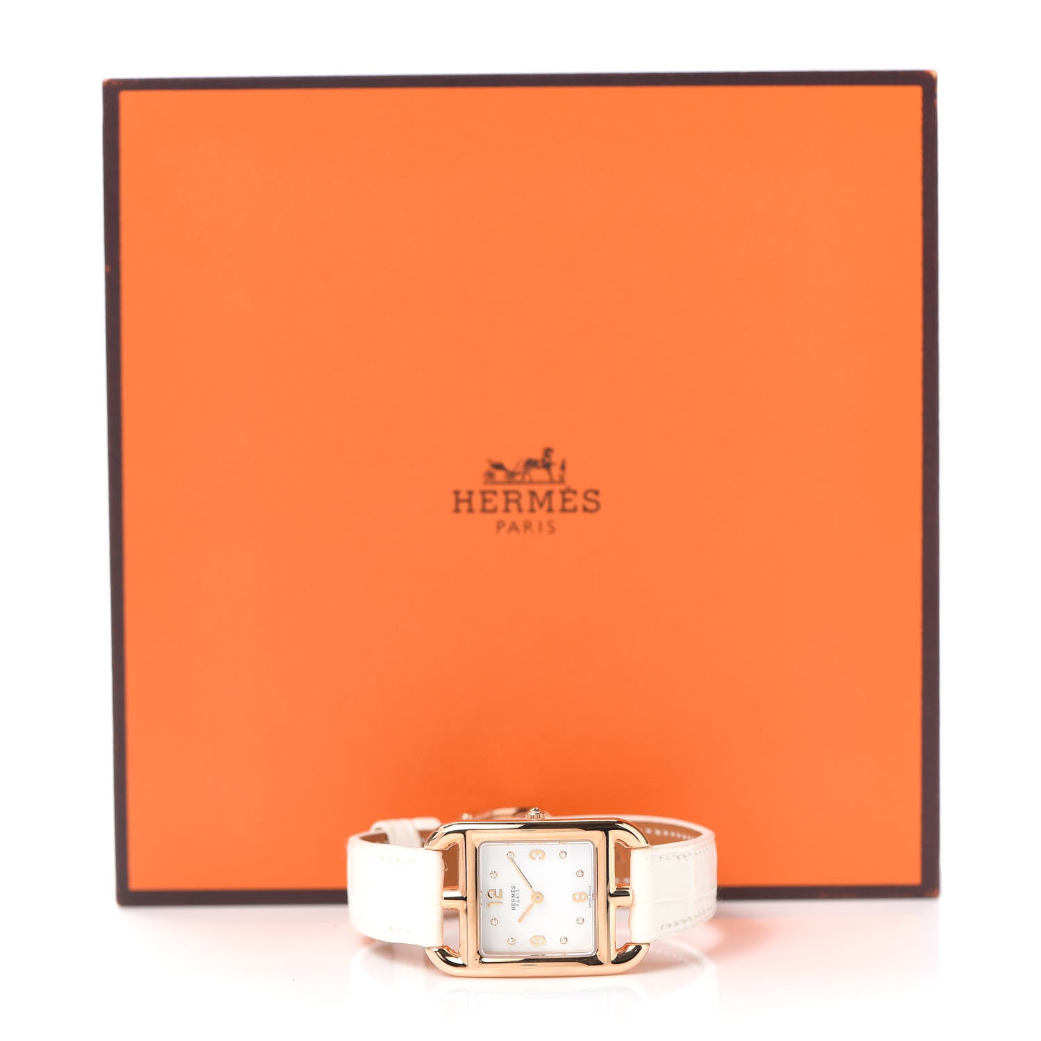 Hermes 18K Rose Gold Alligator Diamond Mother of Pearl 23mm Cape Cod Quartz Watch Blanc 5 of 5