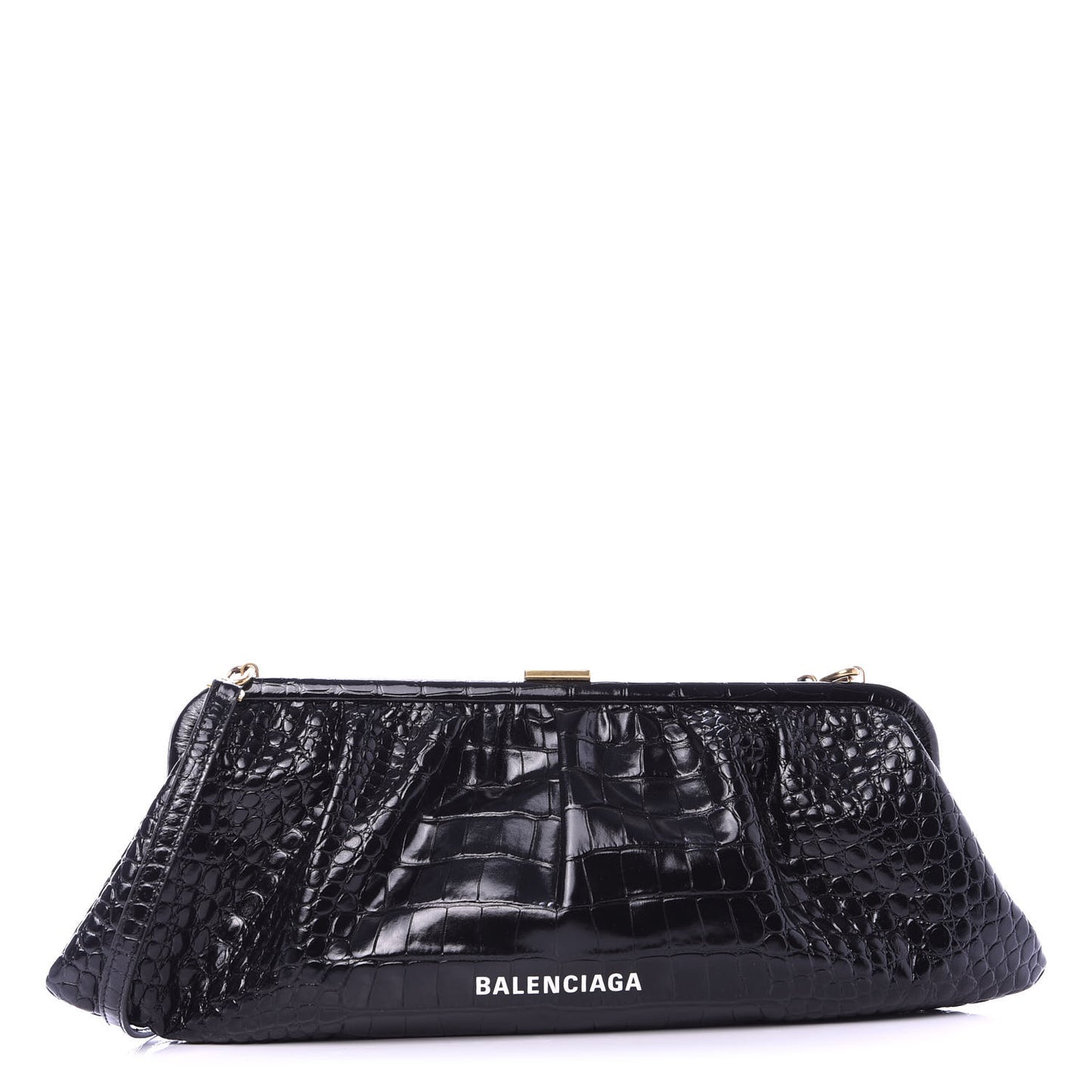 Shiny Supple Calfskin Logo Crocodile Embossed XL Cloud Clutch Black White