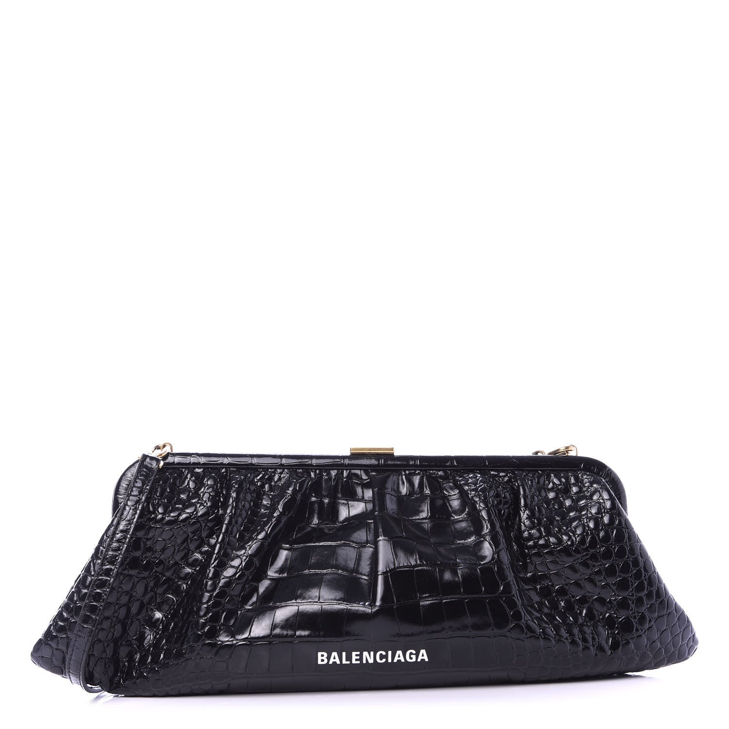 Balenciaga Shiny Supple Calfskin Logo Crocodile Embossed XL Cloud Clutch Black White 1 of 10