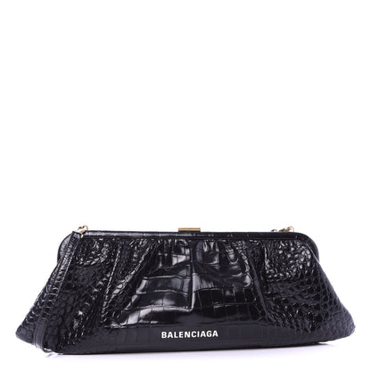 Balenciaga Shiny Supple Calfskin Logo Crocodile Embossed XL Cloud Clutch Black White 1 of 10