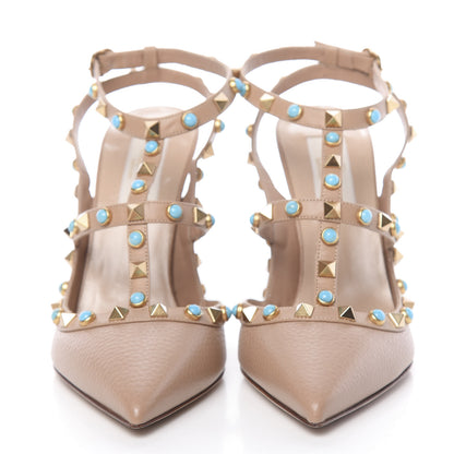 Valentino Garavani Pebbled Calfskin Rockstud Rolling Ankle Strap 100mm Pumps 37.5 Soft Noisette 2 of 8
