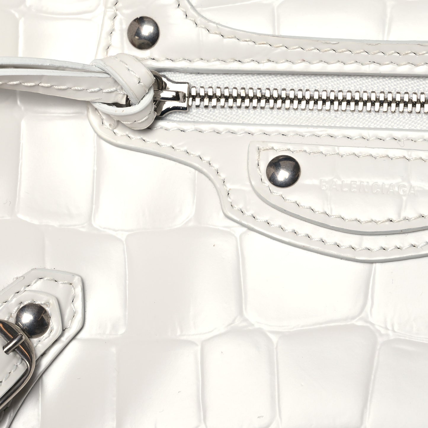Semi Shiny Calfskin Crocodile Embossed Neo Classic Silver Hardware Mini City White