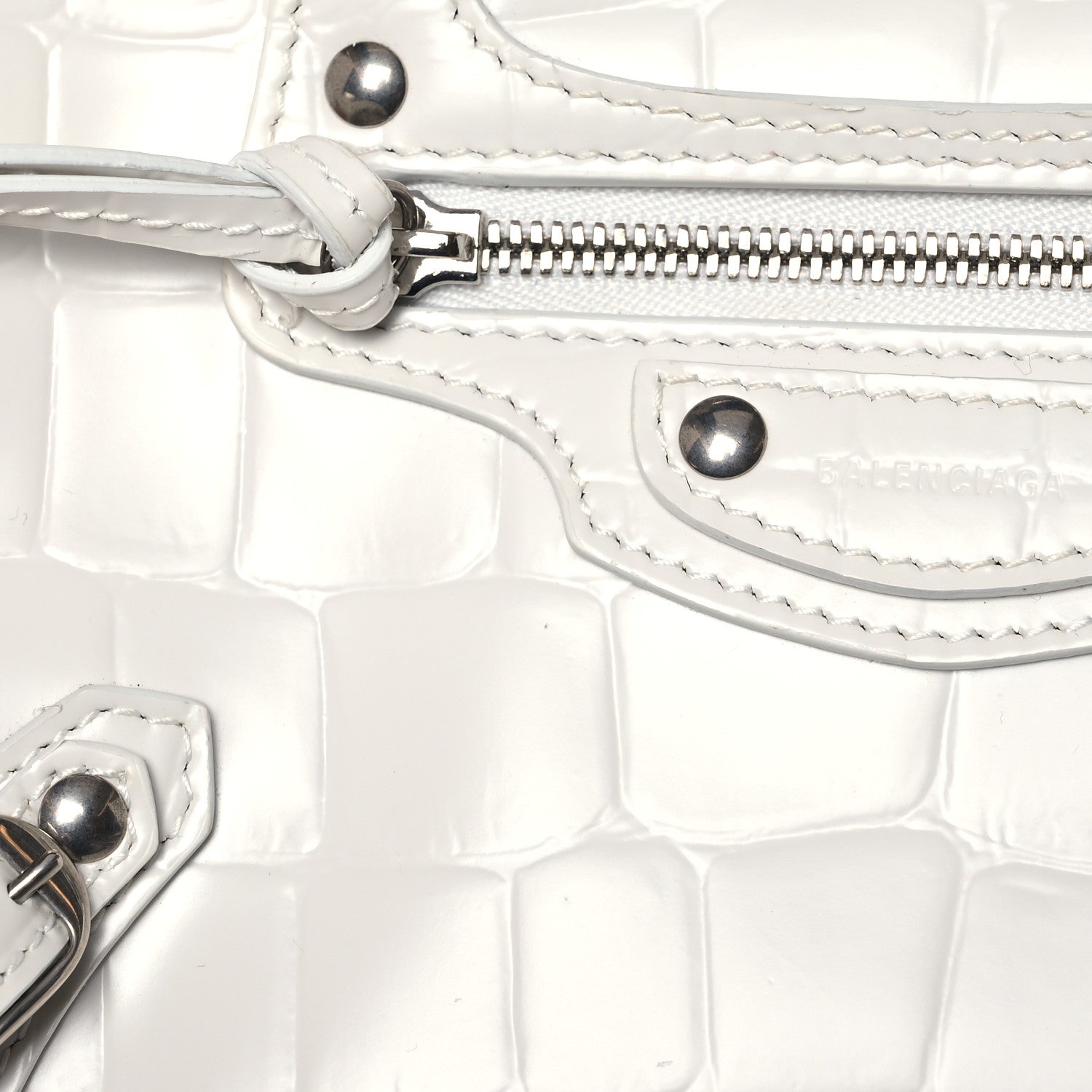 Balenciaga Semi Shiny Calfskin Crocodile Embossed Neo Classic Silver Hardware Mini City White 7 of 12