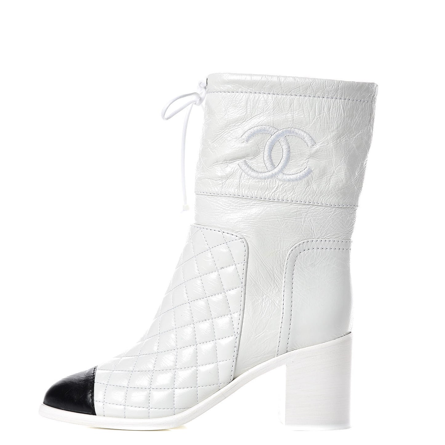 Crumpled Calfskin Quilted Cap Toe Short Boots 37.5 White Black