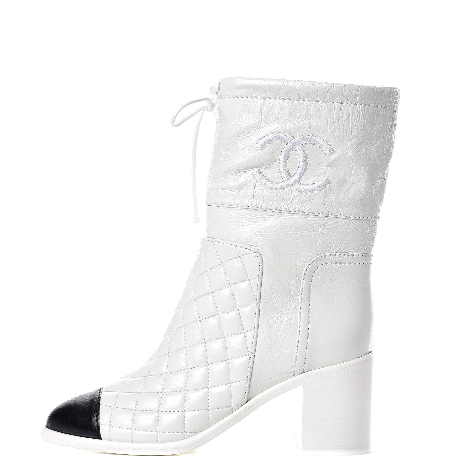 Chanel Crumpled Calfskin Quilted Cap Toe Short Boots 37.5 White Black 1 of 9