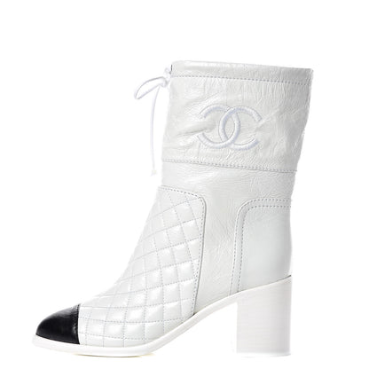 Chanel Crumpled Calfskin Quilted Cap Toe Short Boots 37.5 White Black 1 of 9