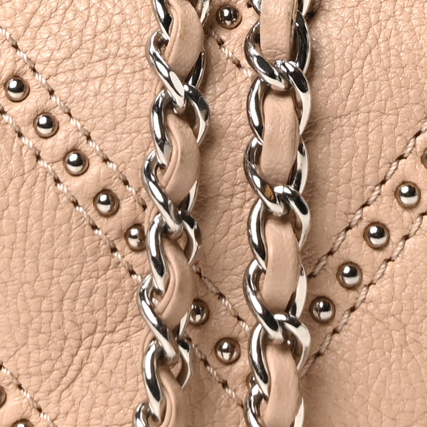 Metallic Calfskin Studded Chevron Quilted Small Stud Wars Drawstring Bag Beige