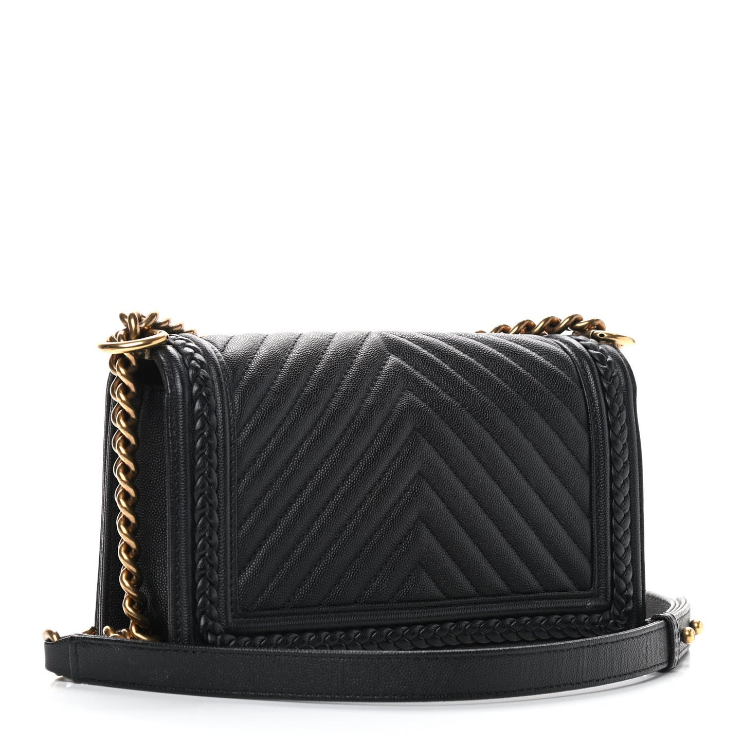Caviar Chevron Quilted Braided Medium Boy Flap Black