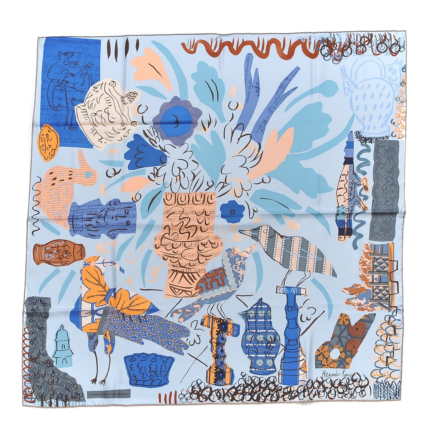 Silk La Maizeon Des Oiseaux Parleurs Scarf 90 Bleu Pale Peach Bleu