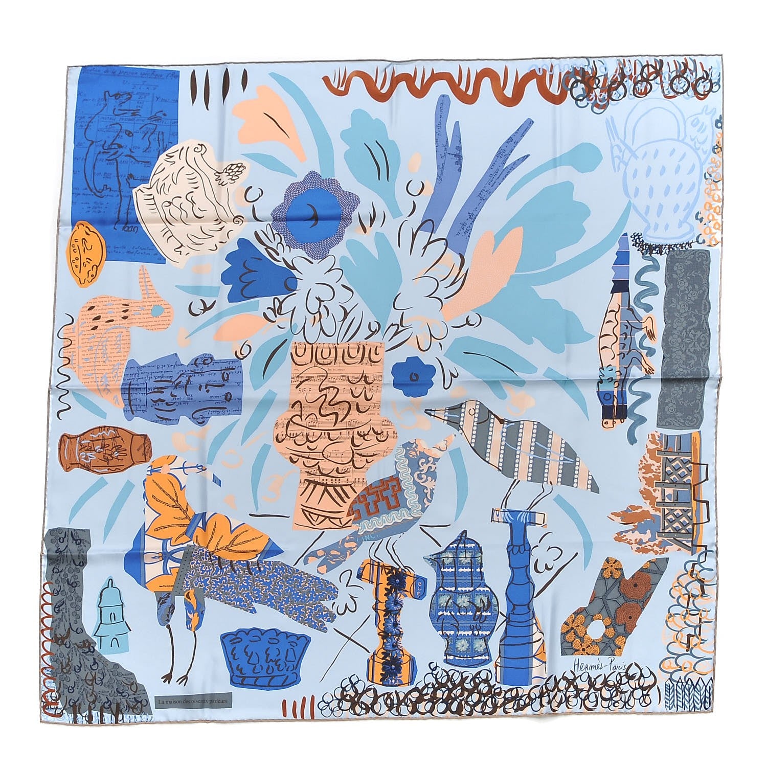 Hermes Silk La Maizeon Des Oiseaux Parleurs Scarf 90 Bleu Pale Peach Bleu 1 of 7