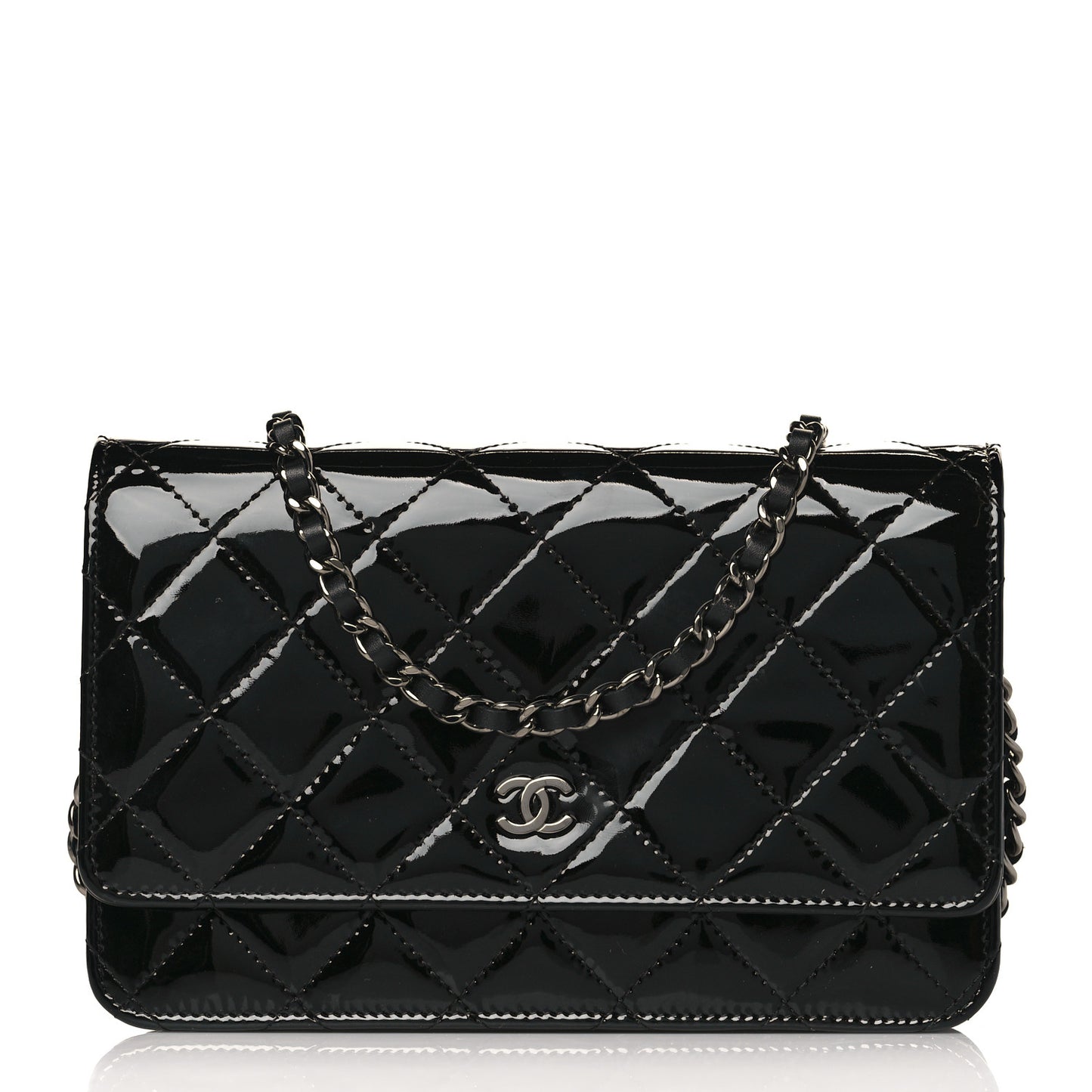 Patent Calfskin Quilted Wallet On Chain WOC Black