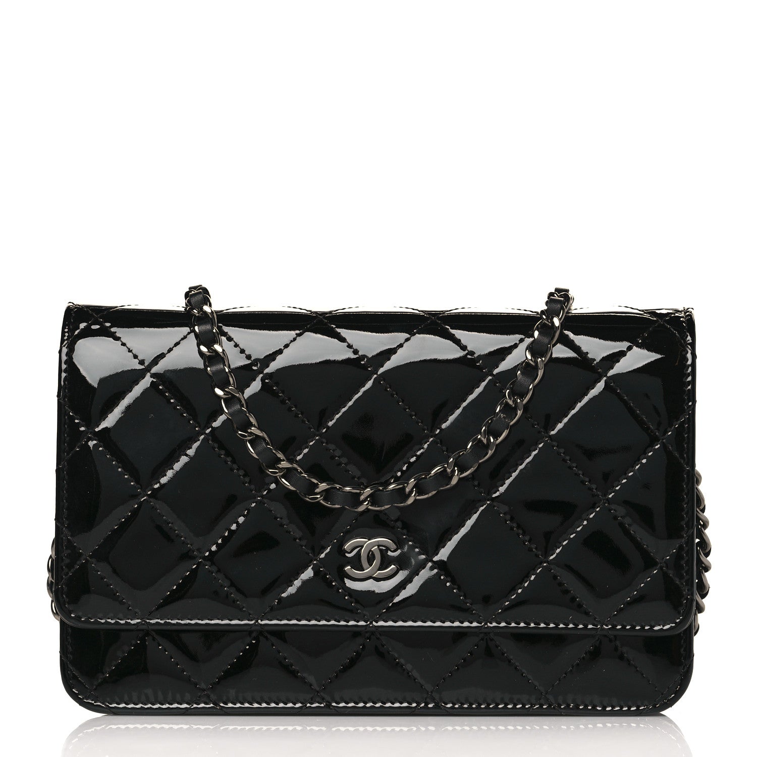 Chanel Patent Calfskin Quilted Wallet On Chain WOC Black 1 of 11