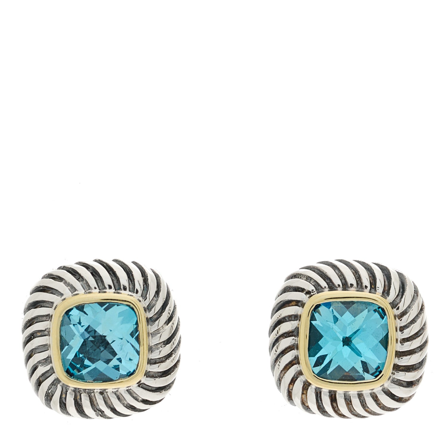 David Yurman Sterling Silver 14K Yellow Gold Blue Topaz 7mm Albion Earrings 1 of 4