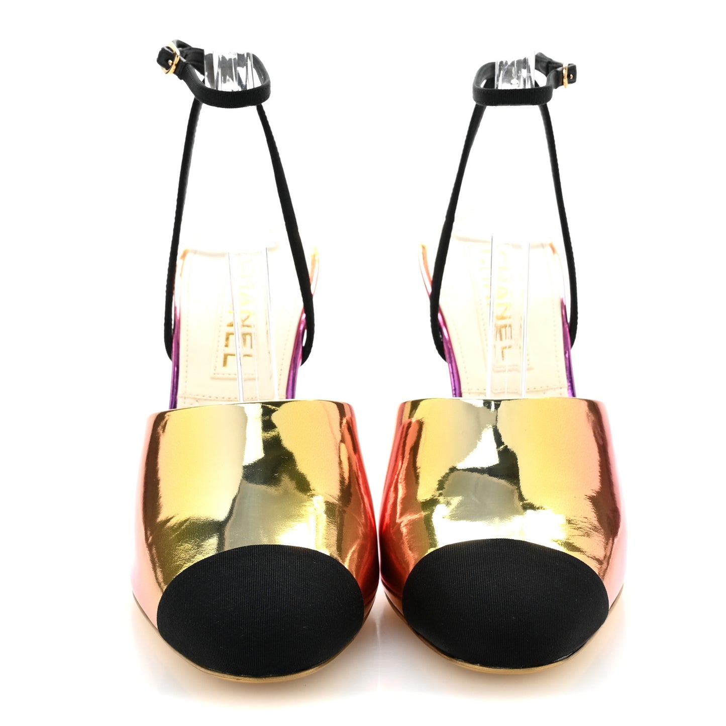 Laminated Calfskin Grosgrain Cap Toe CC Wedge Pumps 38 Pink Orange Yellow Black