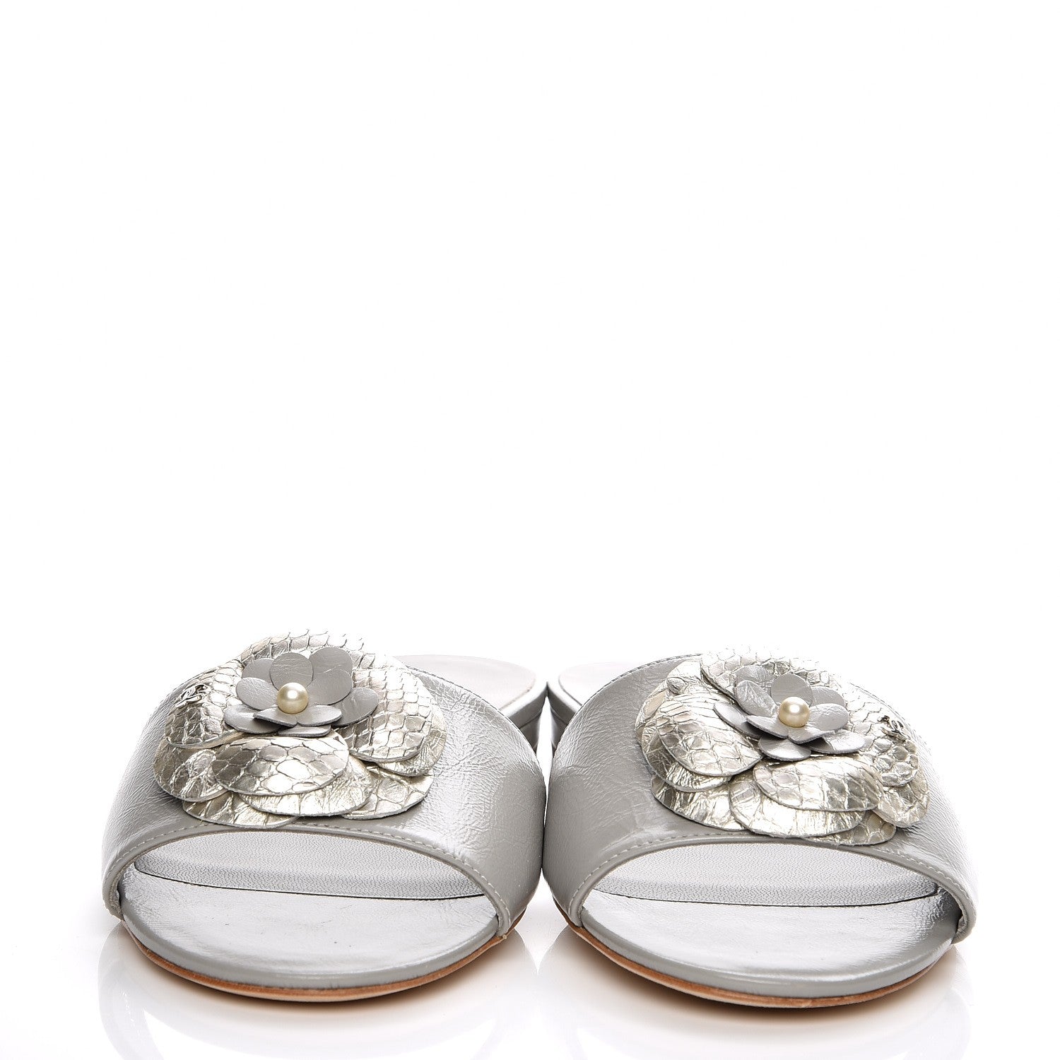 Chanel Calfskin Python Camellia Sandal Mules 38.5 Grey Silver 4 of 8